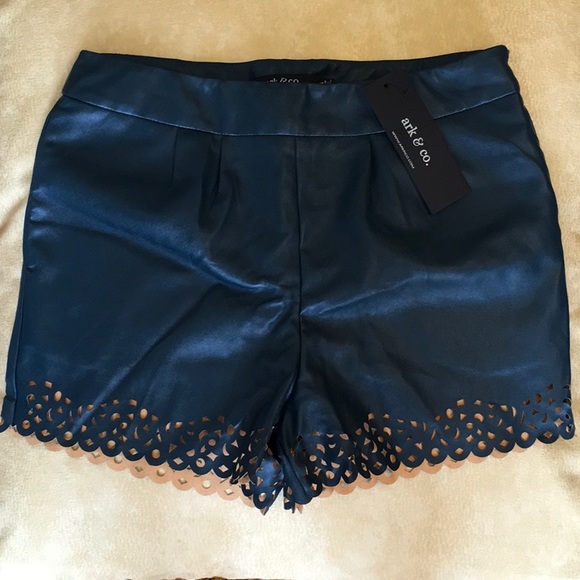Ark & Co Pants - Ark & Co Teal Faux Leather Shorts W/Cut Out Hem